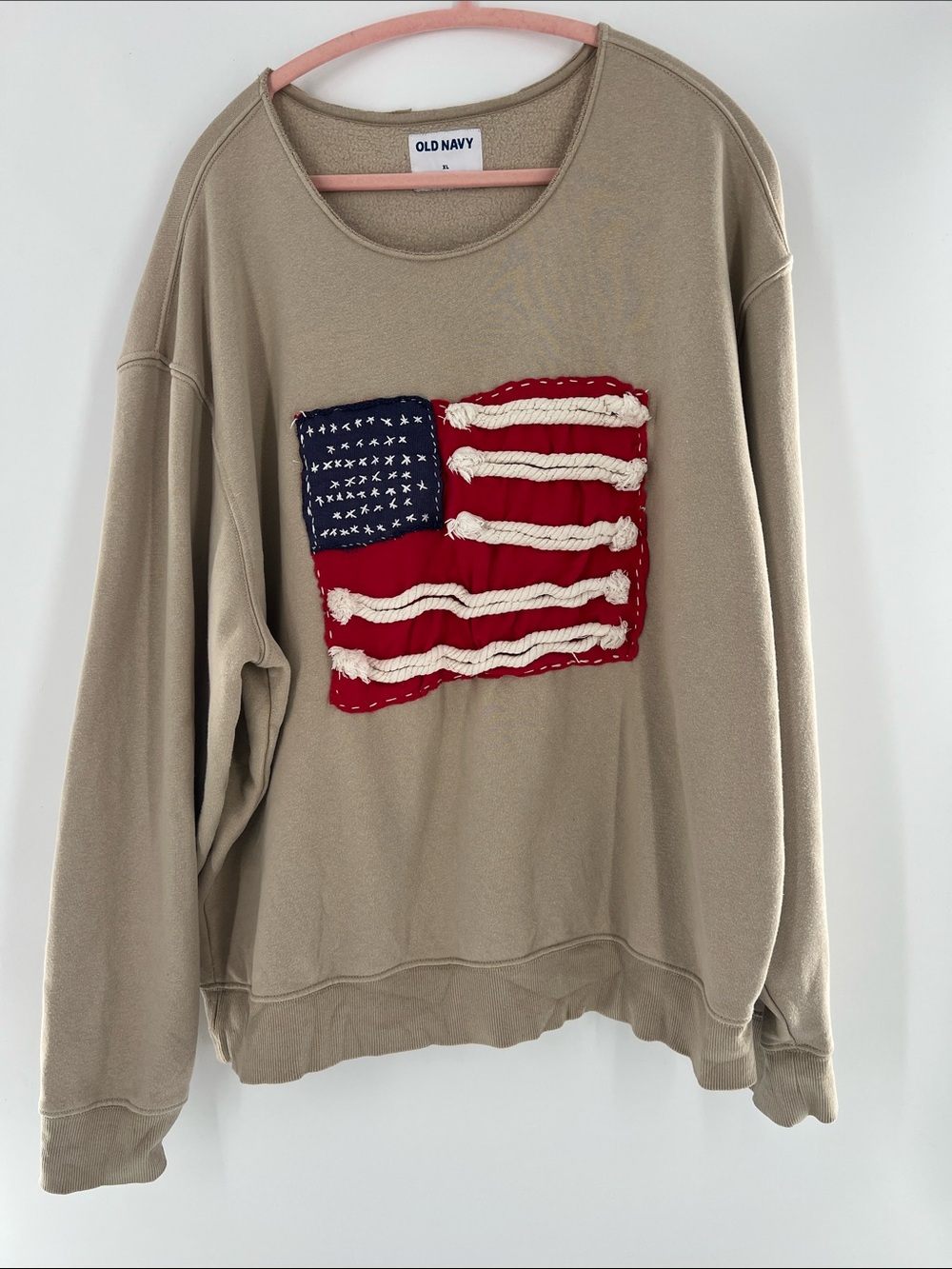 Old Navy Khaki Crewneck Sweatshirt Rope American Flag Patch One of a Kind